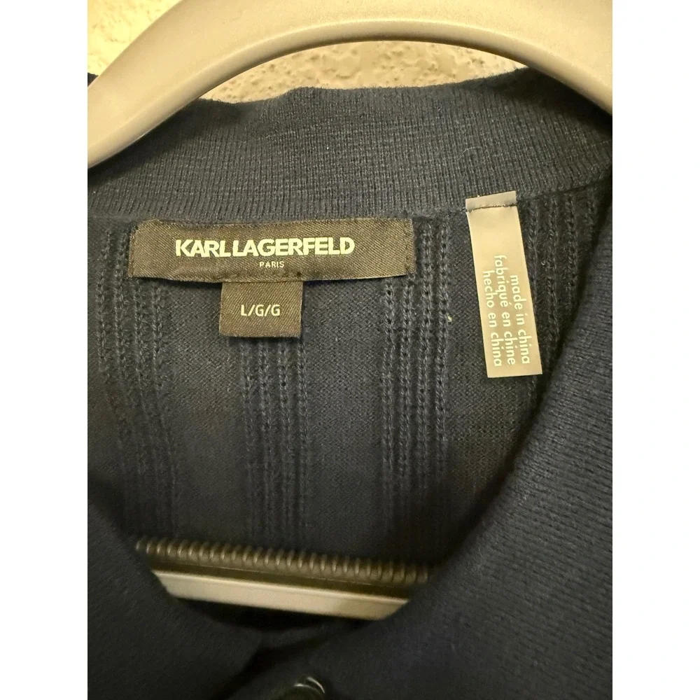 Karl Lagerfeld Paris Mens Navy Blue Ribbed Knit Polo Shirt Short Sleeve Large